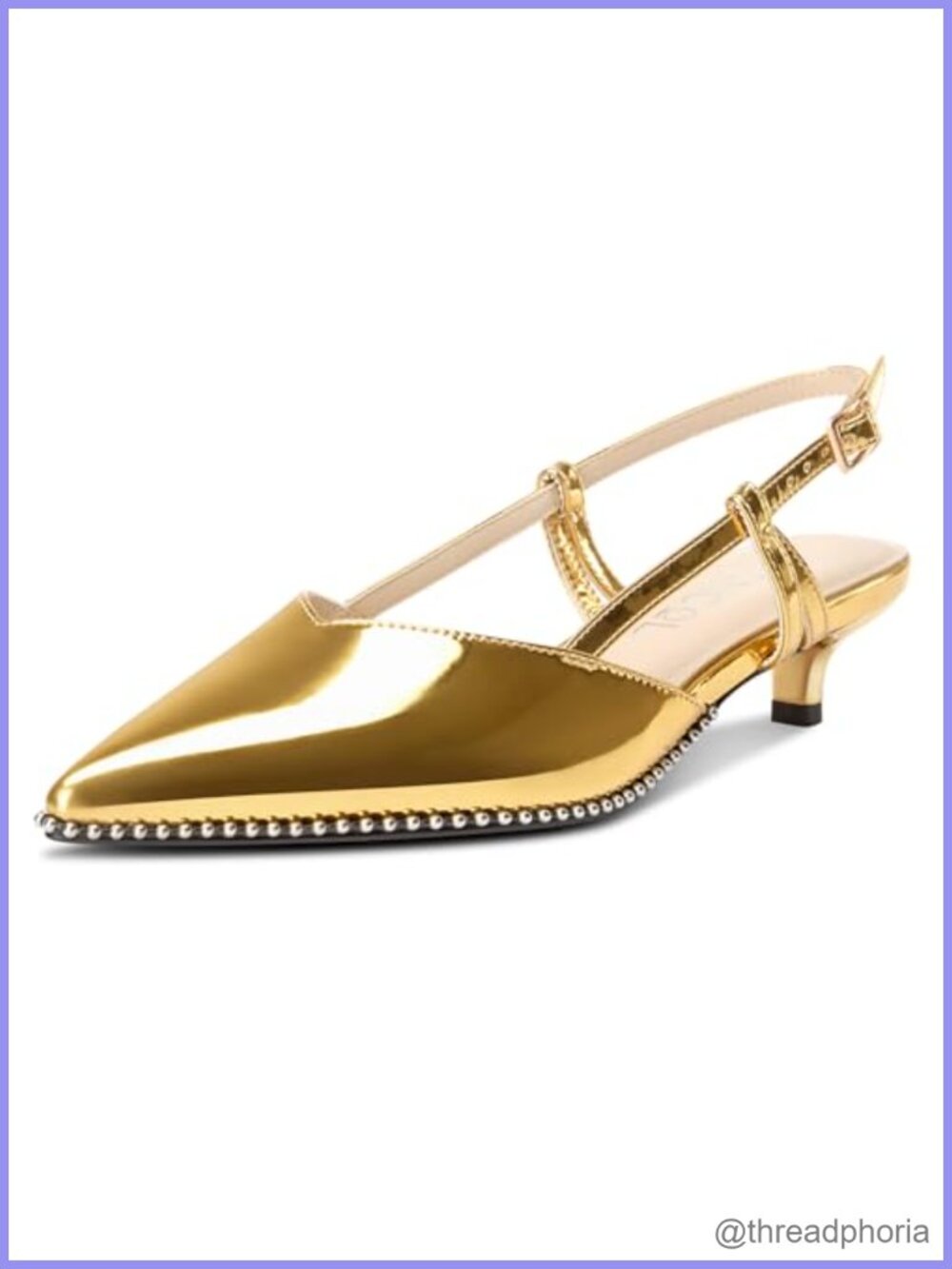 Womens Pointed Toe Slingback Heels Low Kitten Heel Patent Leather Beaded Pumps